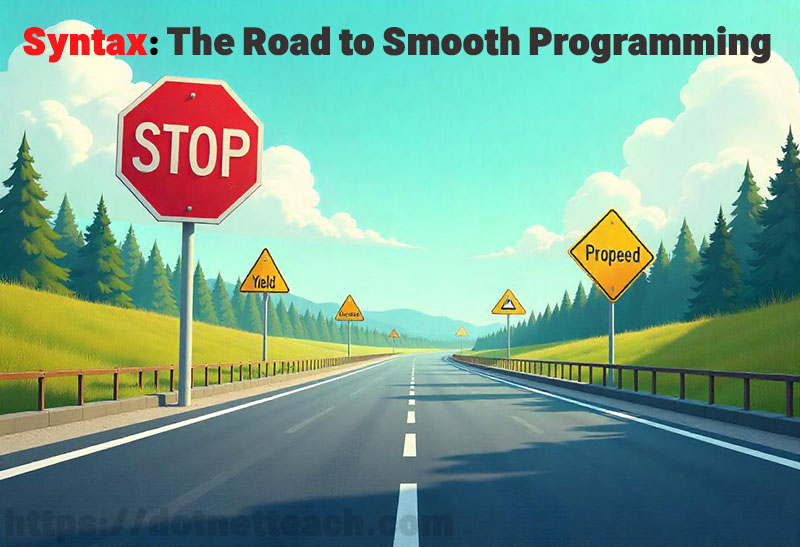 Programming syntax represented as road signs for stop, yield, and proceed, illustrating how following syntax rules leads to smoother and faster learning in programming, similar to following traffic rules for a safe journey.